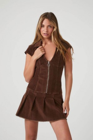 Women's Forever 21 Corduroy Pleated Mini Dresses BROWN | 250-YQGXJW